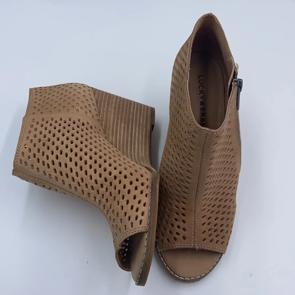Lucky Brand Taupe Perforated Peep-Toe Wedge Booties